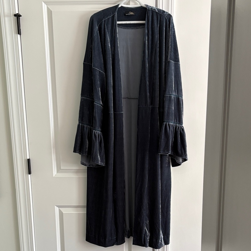 Suzanne Betro blue Velvet Kimono with Ruffled Sleeves